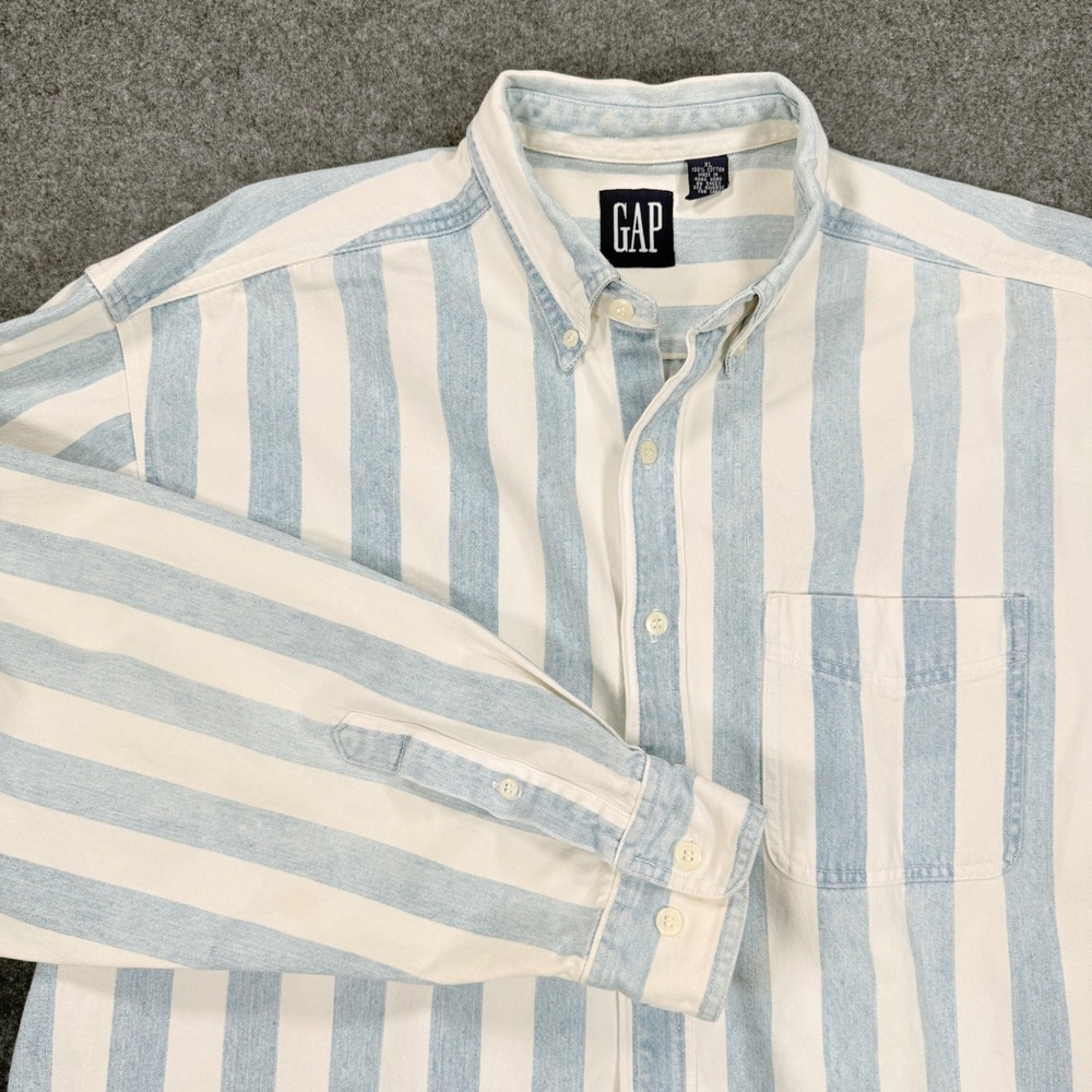 Vintage Gap Mens XL Vertical Stripe Button Up Shirt Blue white Denim Cotton 90s